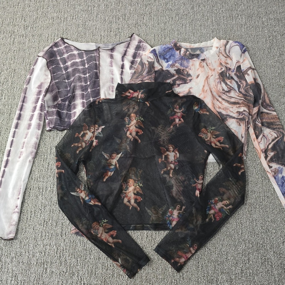 3 Pc Women's‎ Sheer Mesh Top Lot Fairy Grunge Coquette Y2K Cherub Marble Tie Dye